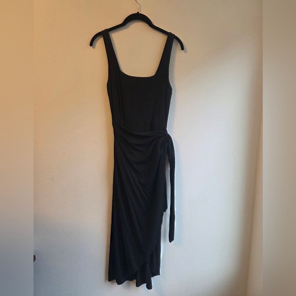 Quince Black Midi Dress with Tie Waist
